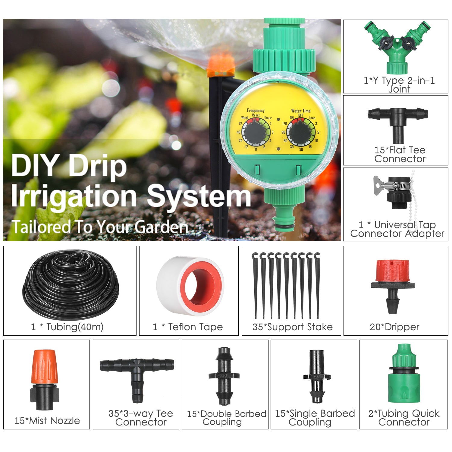 Kkmoon Plant Watering Drip Irrigation Kit Diy Watering System With Electronic Automatic Irrigation Timer Nozzles Misters Drippers 40 Meters Tubing For Garden Lawn Patio