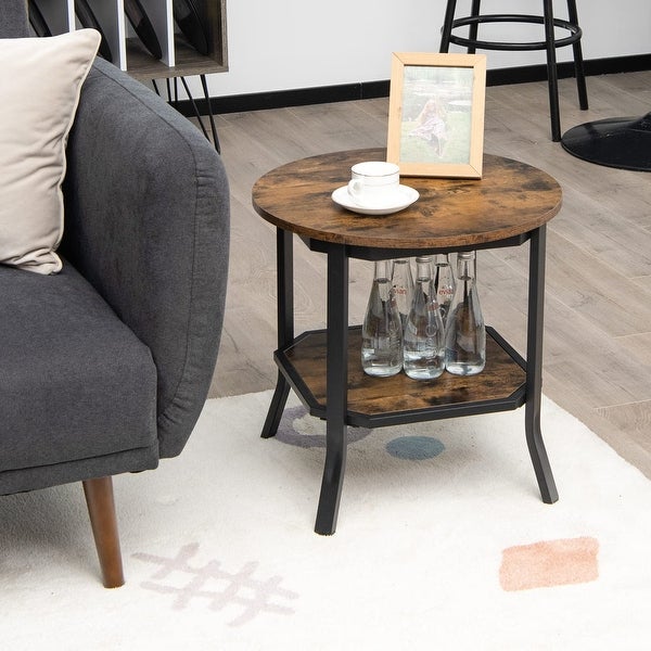 Round End Table， Set of 2 Nightstand w/Storage Shelf， Small Farmhouse Rustic Coffee Table w/Steel Frame and Wood Grain