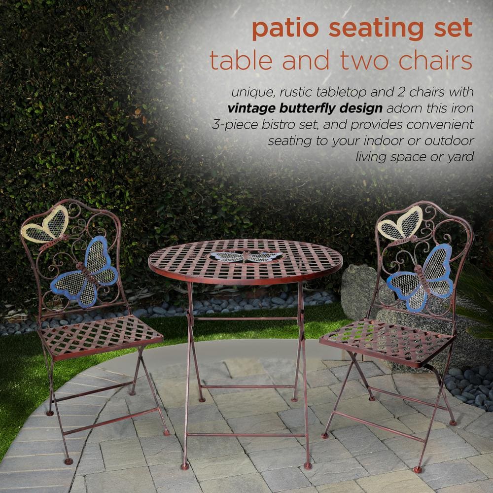 Alpine Corporation 3-Piece Iron Indoor/Outdoor Butterfly Design Bistro Set Folding Table and Chairs Patio Seating BVK574A