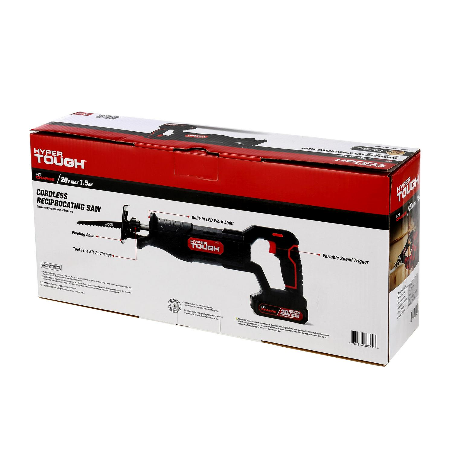 Hyper Tough 20V Max Lithium-ion Cordless Reciprocating Saw， Variable Speed， Keyless Blade Change， with 1.5Ah Lithium-ion Battery and Charger， Wood Blade and LED Light