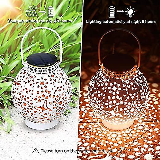 Solar Lanterns Outdoor， Metal Hanging Solar Garden Lights With Vintage White Finish And Dual Color Led， Waterproof Garden Ornaments Lantern Lights Sol