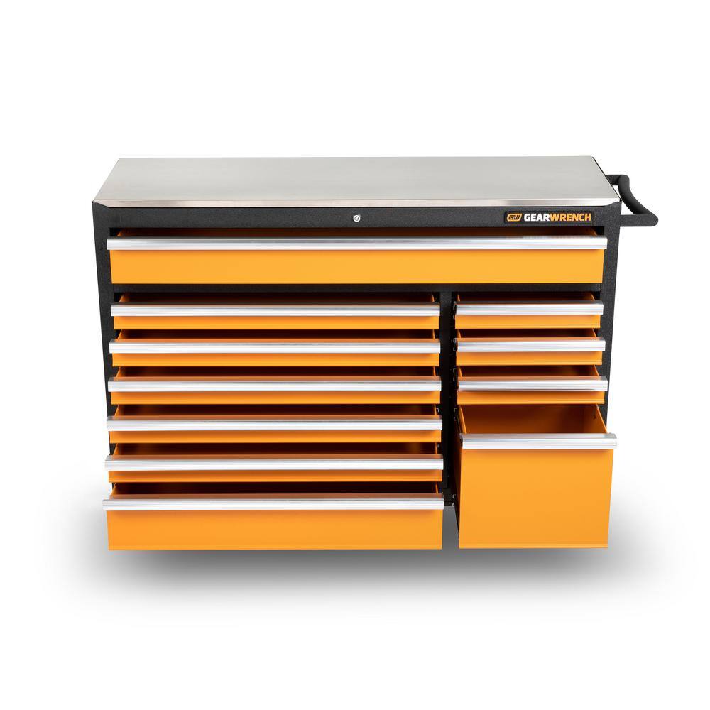 GEARWRENCH GSX 52 in. x 18 in. 11-Drawer Orange and Black Powder Coated Steel Rolling Tool Cabinet with Stainless Steel Worktop 83247