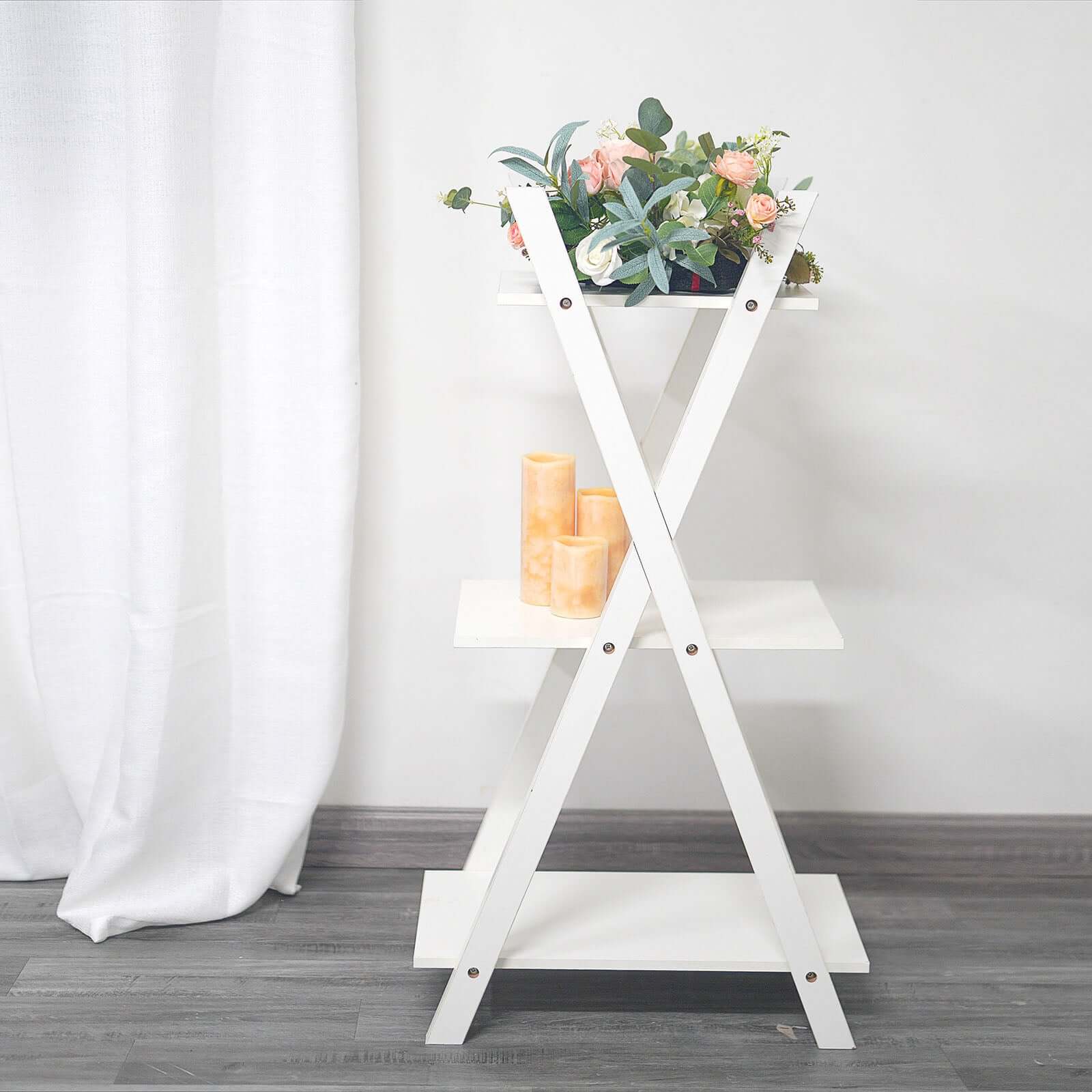 3-Tier White Wooden Plant Stand, X-Frame Display Shelf Accent Rack 44