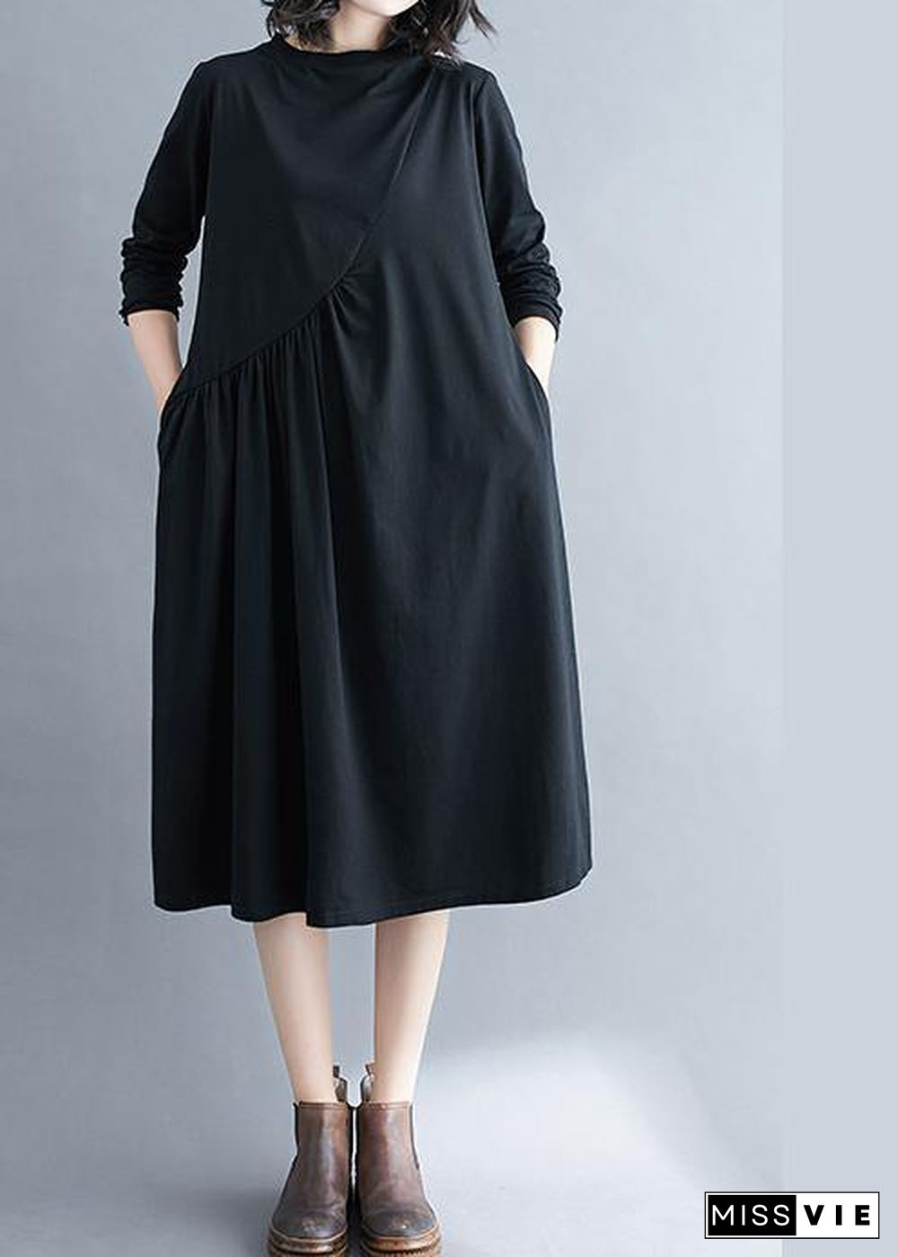 Elegant O Neck Wrinkled Spring Tunics Outfits Black Maxi Dress