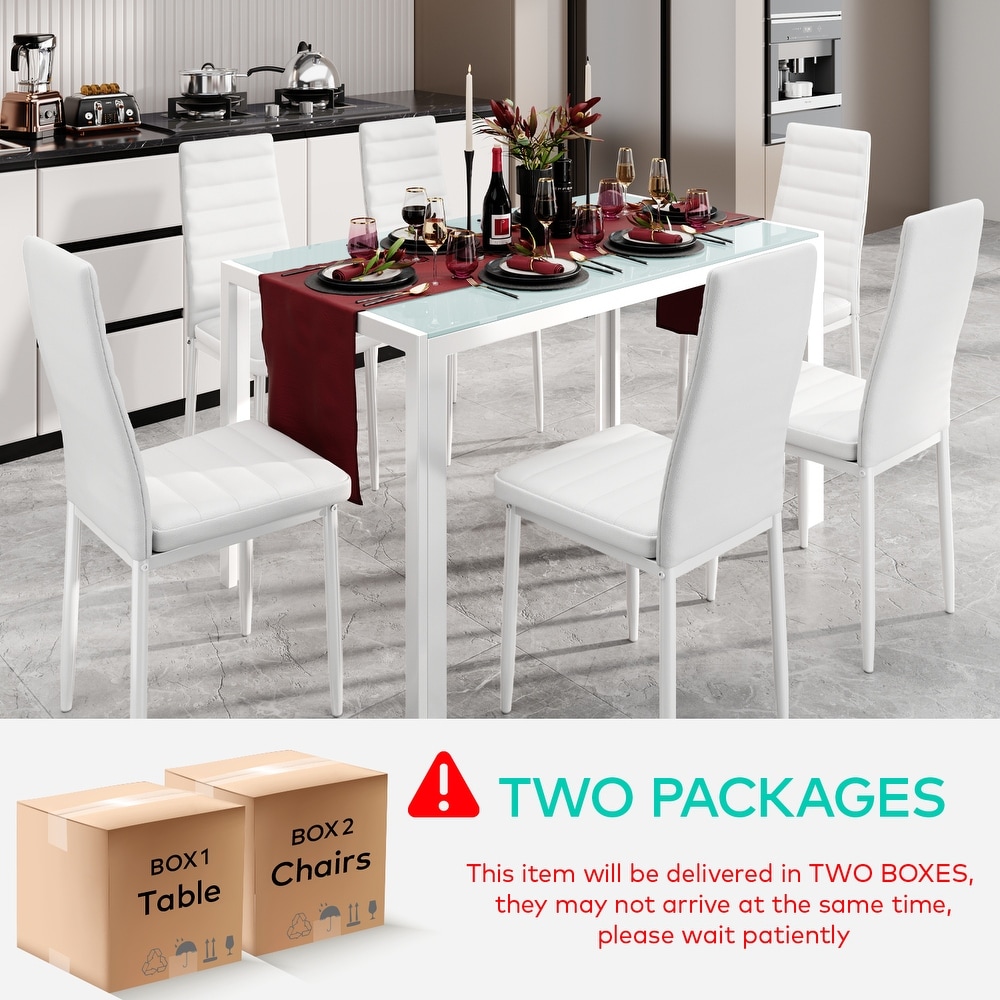 7 Piece Glass Dining Table Set for 6 with High Back PU Leather Chairs