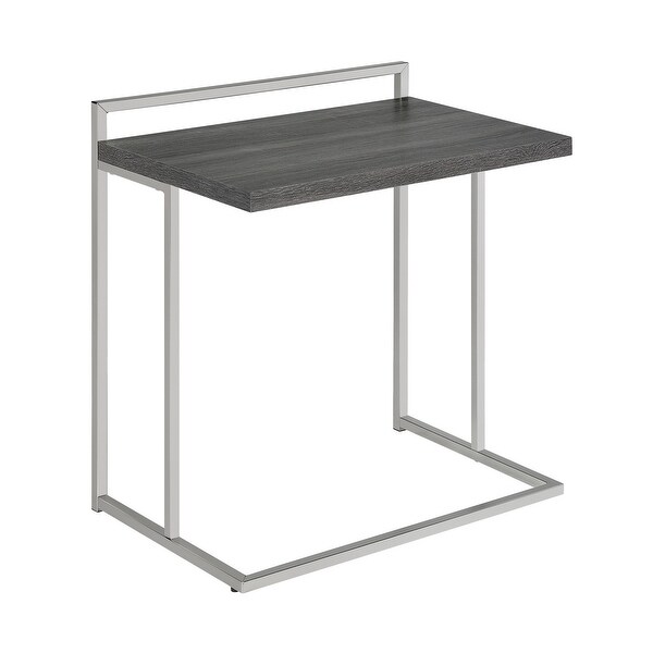 Dey 27 Inch C Shape Side End Table， Weathered Gray Top， Satin Nickel Metal