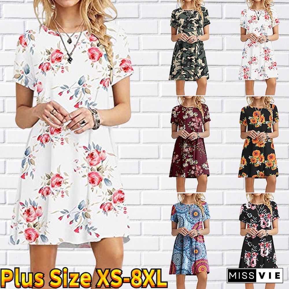 Ladies Fashion Dress Floral Leaf Print Ladies Casual Dress Summer Beach Short Sleeve Dress Long Skirt Plus Size Xs-8Xl