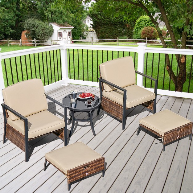 Costway 5pcs Patio Wicker Conversation Set Space Saving Cushions Chairs With Ottomans Table