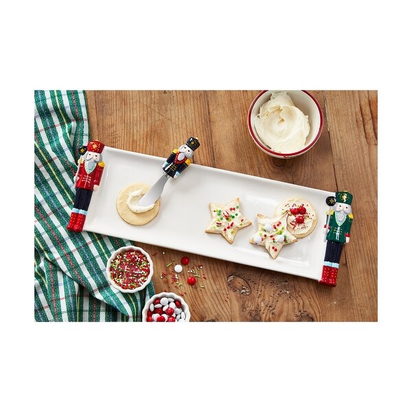 Holiday Nutcracker Accented White Rectangle Earthenware Serving Platter with Nutcracker Cheese Spreader，19L x 5.9W in