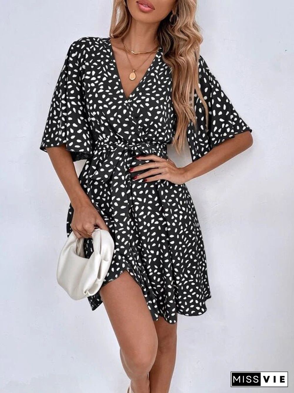 Women'S Dresses V-Neck Print Belted Short Sleeve Dress