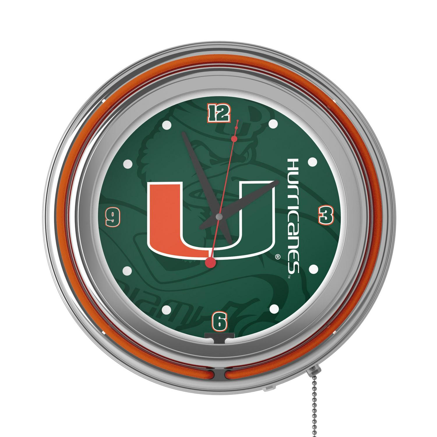 University of Miami Chrome Double Rung Neon Clock  Fade