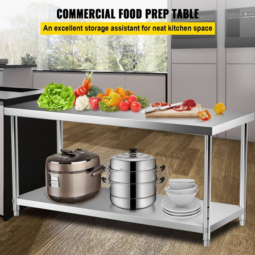 VEVOR Stainless Steel Prep Table 72 in. x 30 in. x 34 in. Heavy-Duty Metal Worktable 550 lbs. Load Capacity Kitchen Prep Table J72X30X34INCHUU20V0