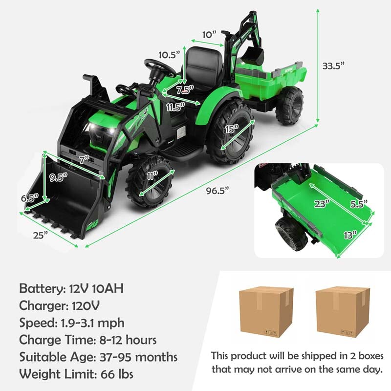 3-in-1 Kids Ride on Tractor Excavator Bulldozer, 12V Battery Powered RC Construction Vehicle with Trailer