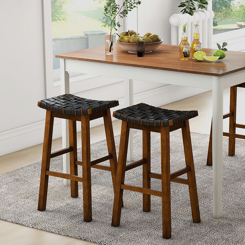 Faux Pu Leather Bar Height Stools Set Of 2 With Woven Curved Seat