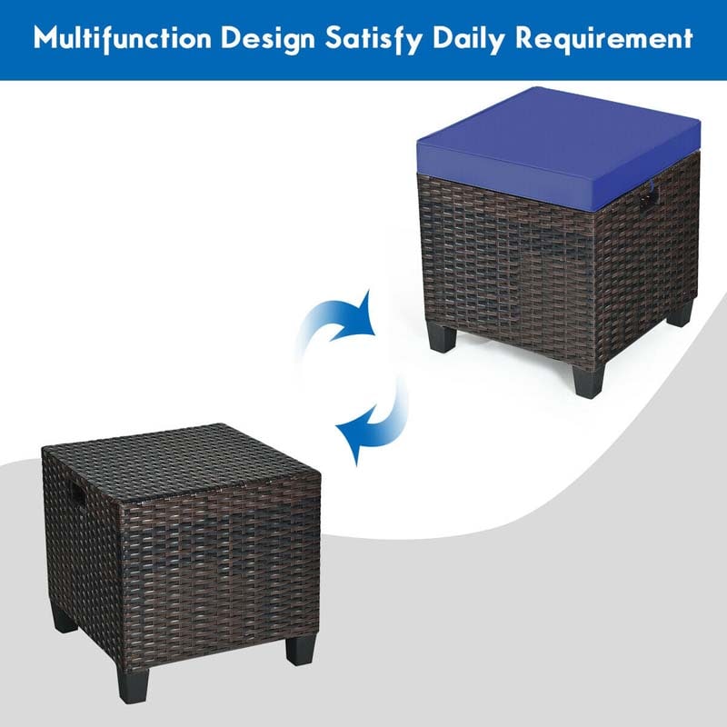 2 Pcs Rattan Patio Ottoman Set with Removable Cushions, All Weather Wicker Outdoor Footstool Footrest Seat