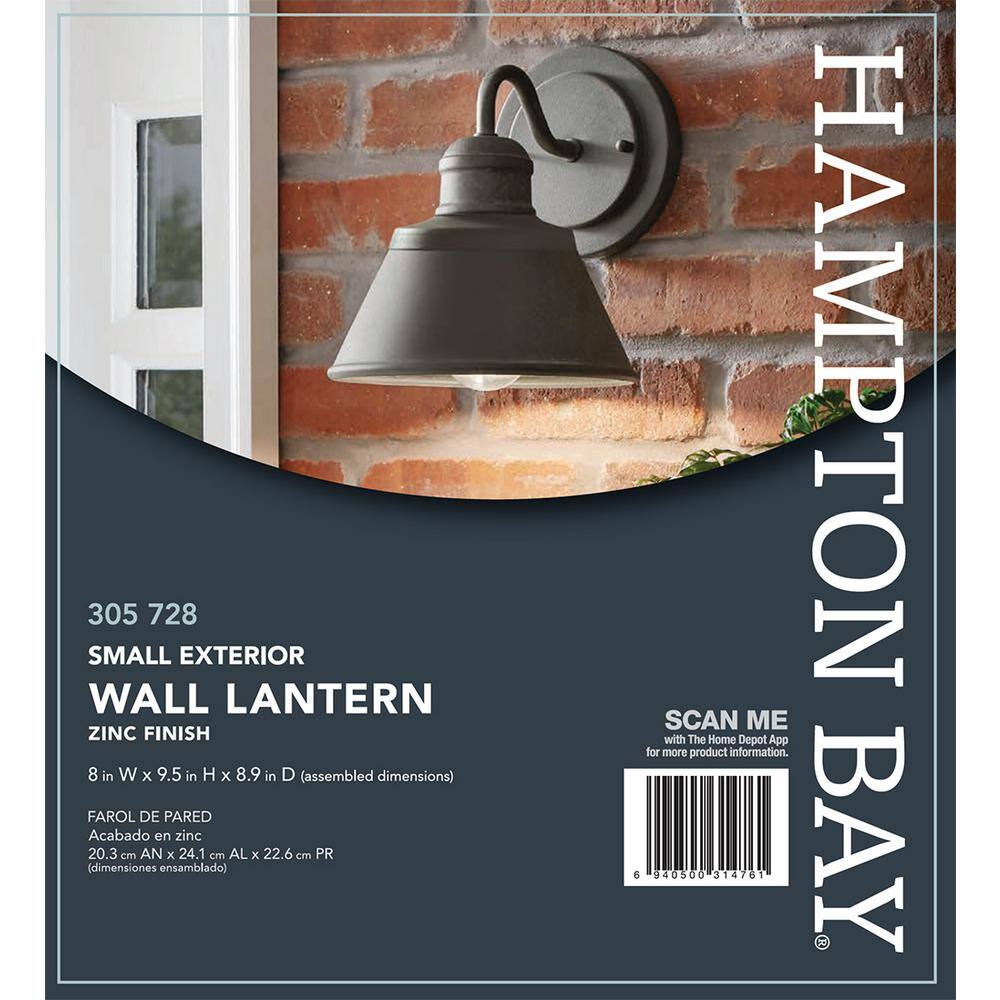 Hampton Bay 1-Light Zinc Outdoor Wall Barn Light Sconce Lantern HSP1691A