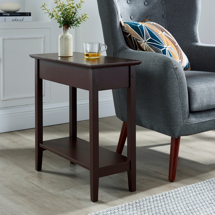 Roxy Narrow Wooden Flip Top End Table with Storage  Nesting Side Table with Storage Shelf for Small Spaces