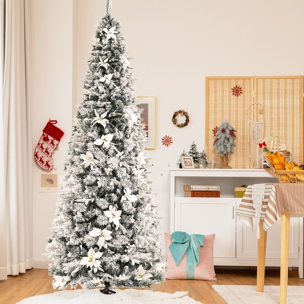 Gymax 5/6/7/8 FT Artificial Snow Flocked Pencil Christmas Tree w/