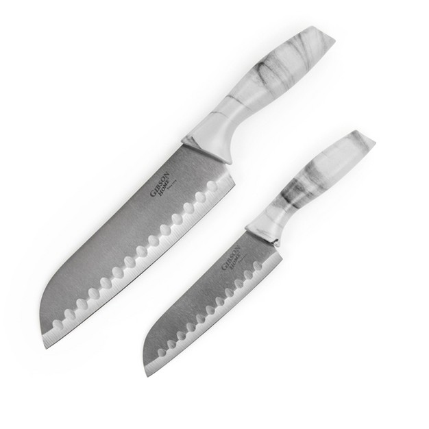 Gibson Home Beaumont 3 Piece Stainless Steel Santoku Knife Set With Cutting Board In White Marble