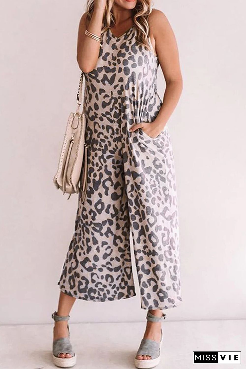 Leopard Sleeveless Jumpsuit with Pockets