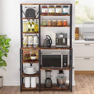 TRIBESIGNS WAY TO ORIGIN Bachel Modern Brown and Black Kitchen Baker's Rack with Open Shelves and Hanging Hooks HD-SF0103B