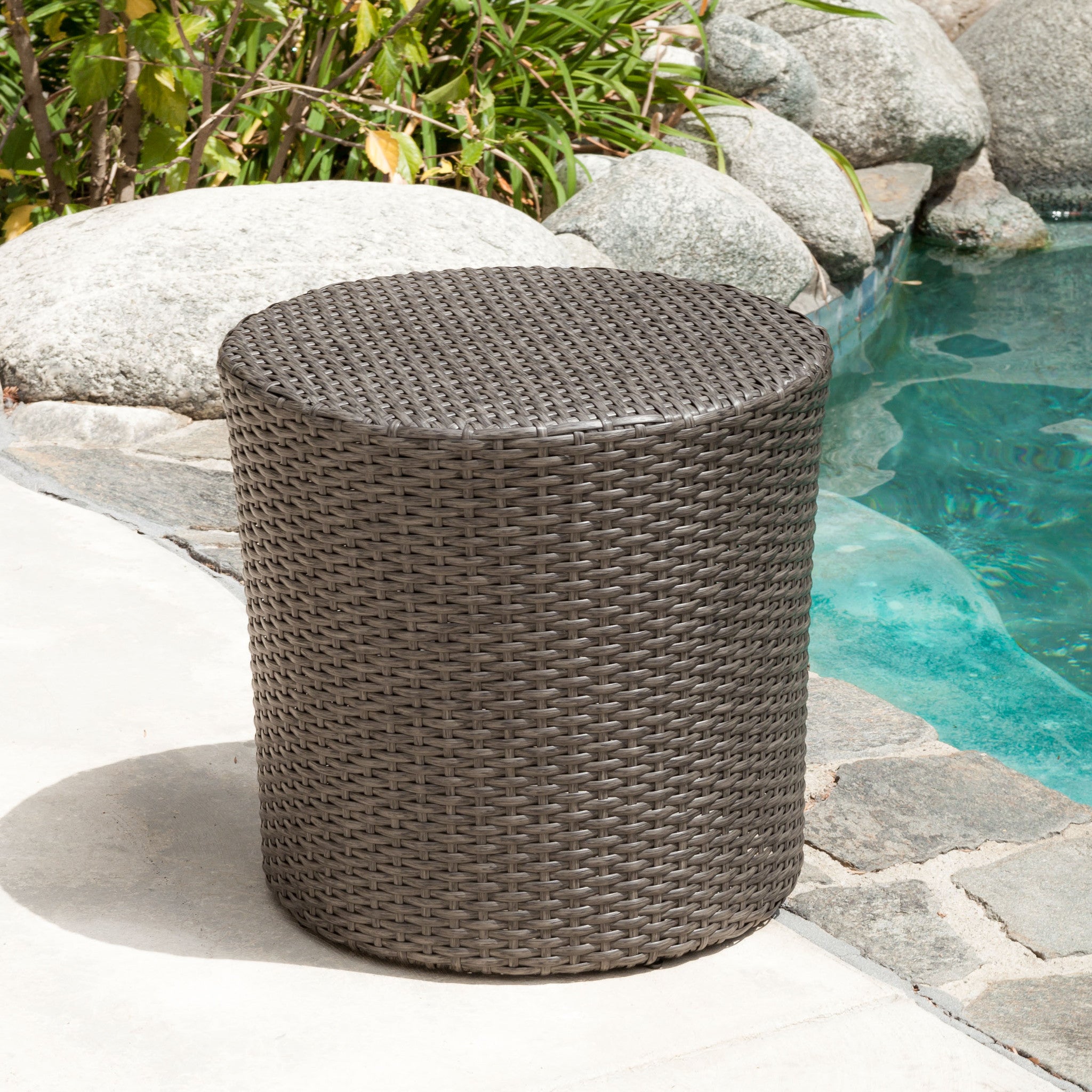 Overton Outdoor Dark Grey Wicker Barrel Side Table