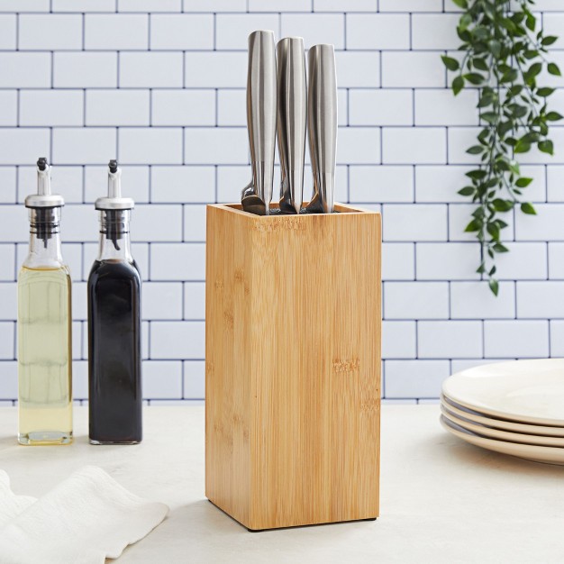 Juvale Bamboo Knife Block With Bristles Natural Wood Universal Knives Stand Holder For Home Kitchen Restaurant 4x4x9 Inches