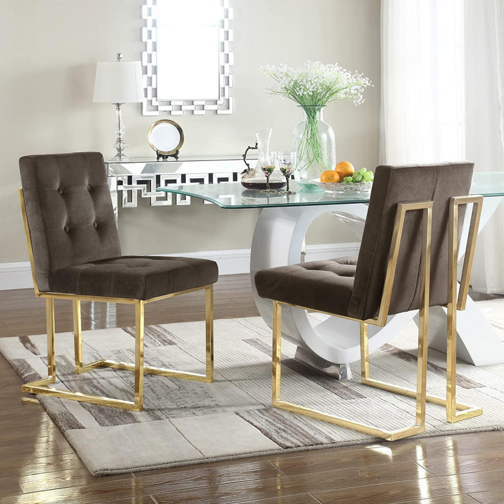 Set of 2 Armless Dining Chair  Geometric Metal Frame With Velvet Seat  Taupe   Contemporary   Dining Chairs   by Declusia  Houzz