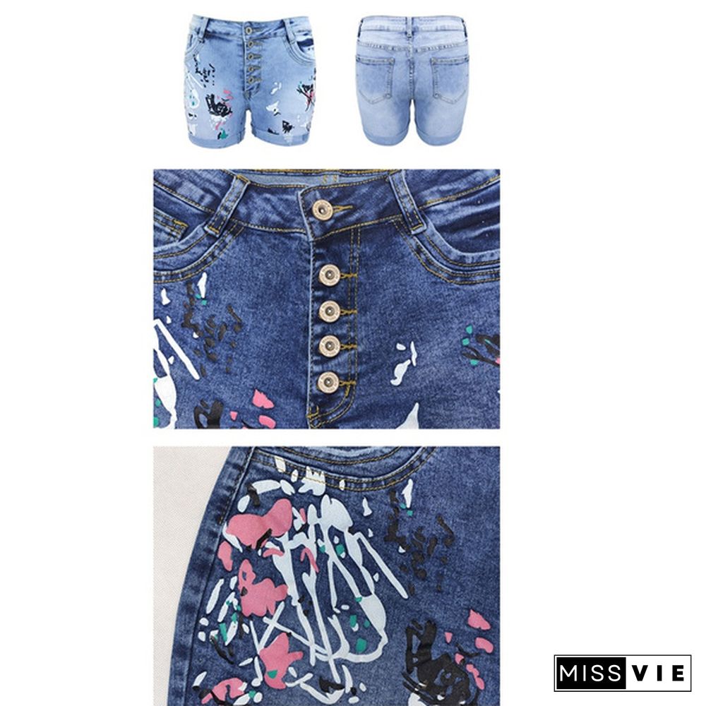 Brand New Plus Size Women's Denim Shorts Washed Printed Jeans Summer Denim Shorts