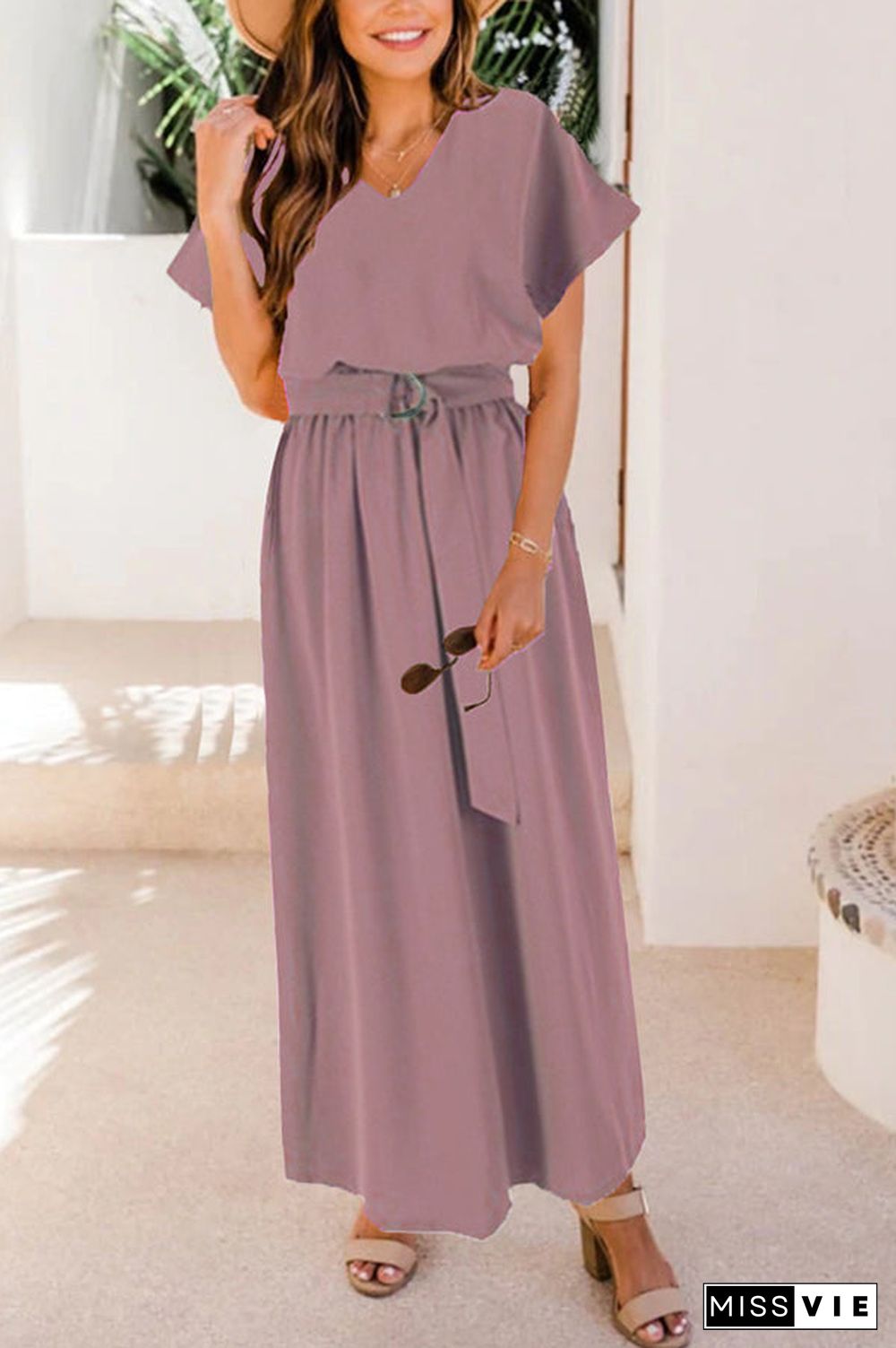 V Neck Belted Maxi Dress