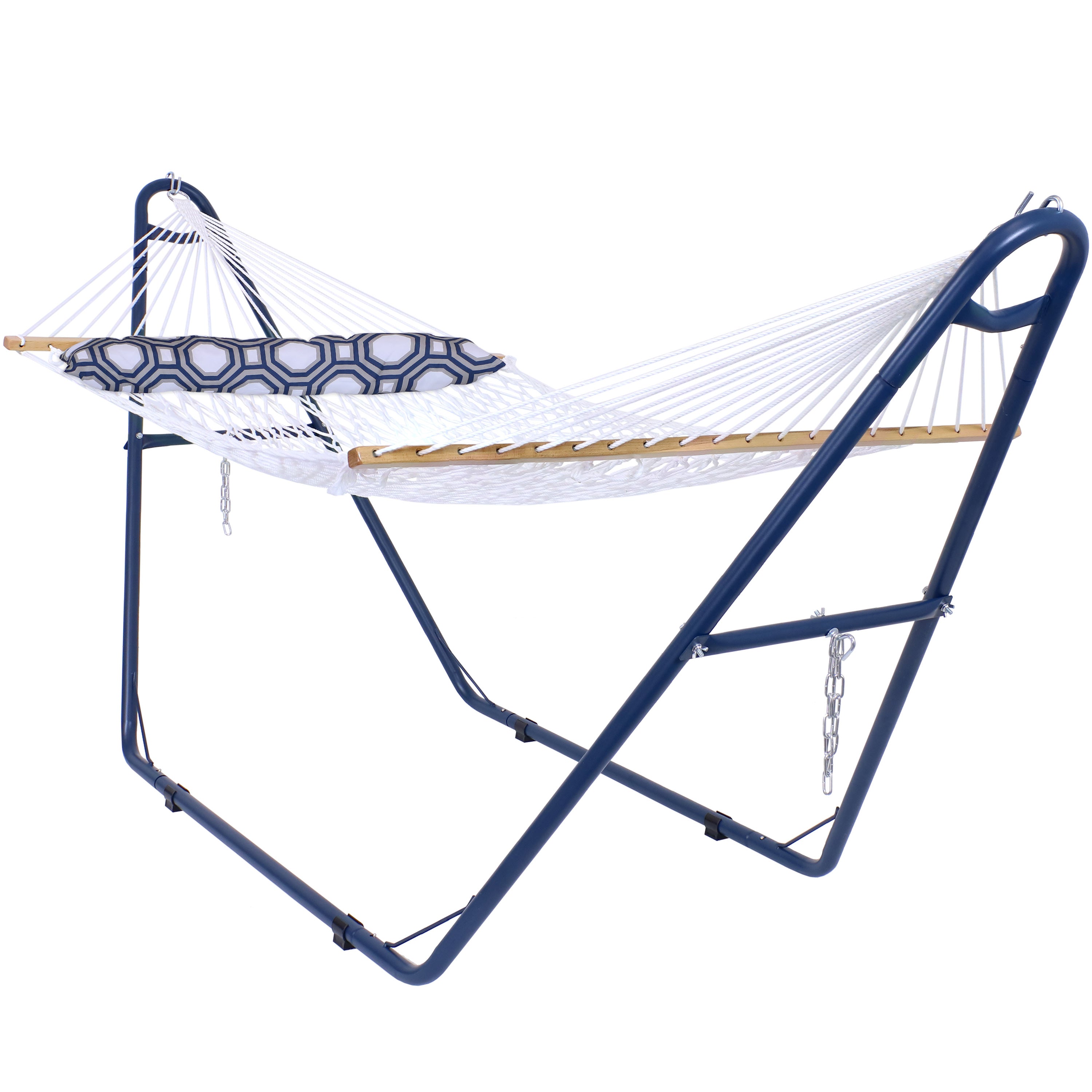 Sunnydaze Outdoor 2-Person Double Polyester Rope Hammock with Wood Spreader Bar and Matte Blue Steel Multi-Use Stand