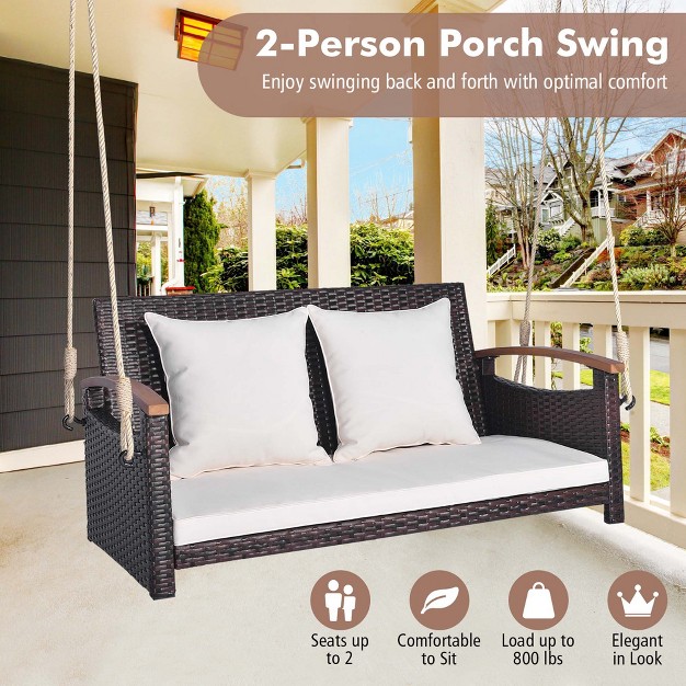 Costway Patio Rattan Porch Swing 2 person Hanging Chair Cushioned Loveseat For Backyard