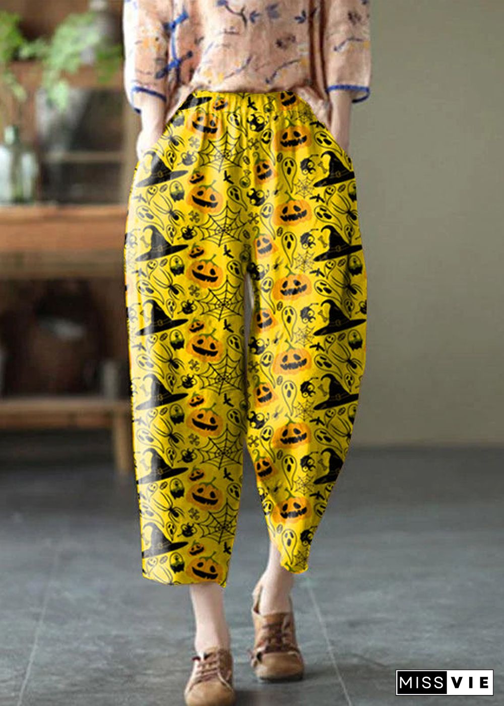 Natural yellow-half pattern Elastic Waist Summer Linen Harem Pants