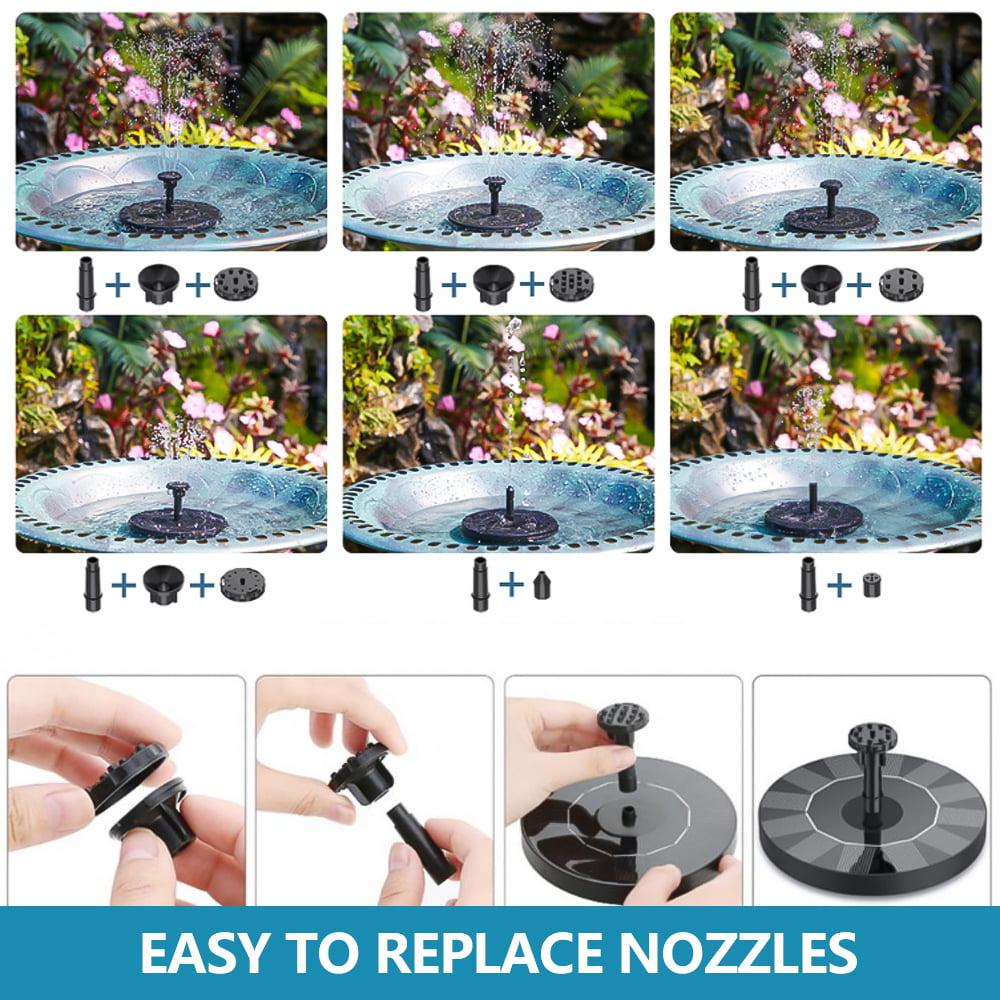 Solar Fountain Pump Free Standing Solar Birdbath Fountain 6 Water Styles Solar Powered Fountain Pumps Submersible Outdoor for Bird Bath Small Pond Swimming Pool Garden Patio and Lawn