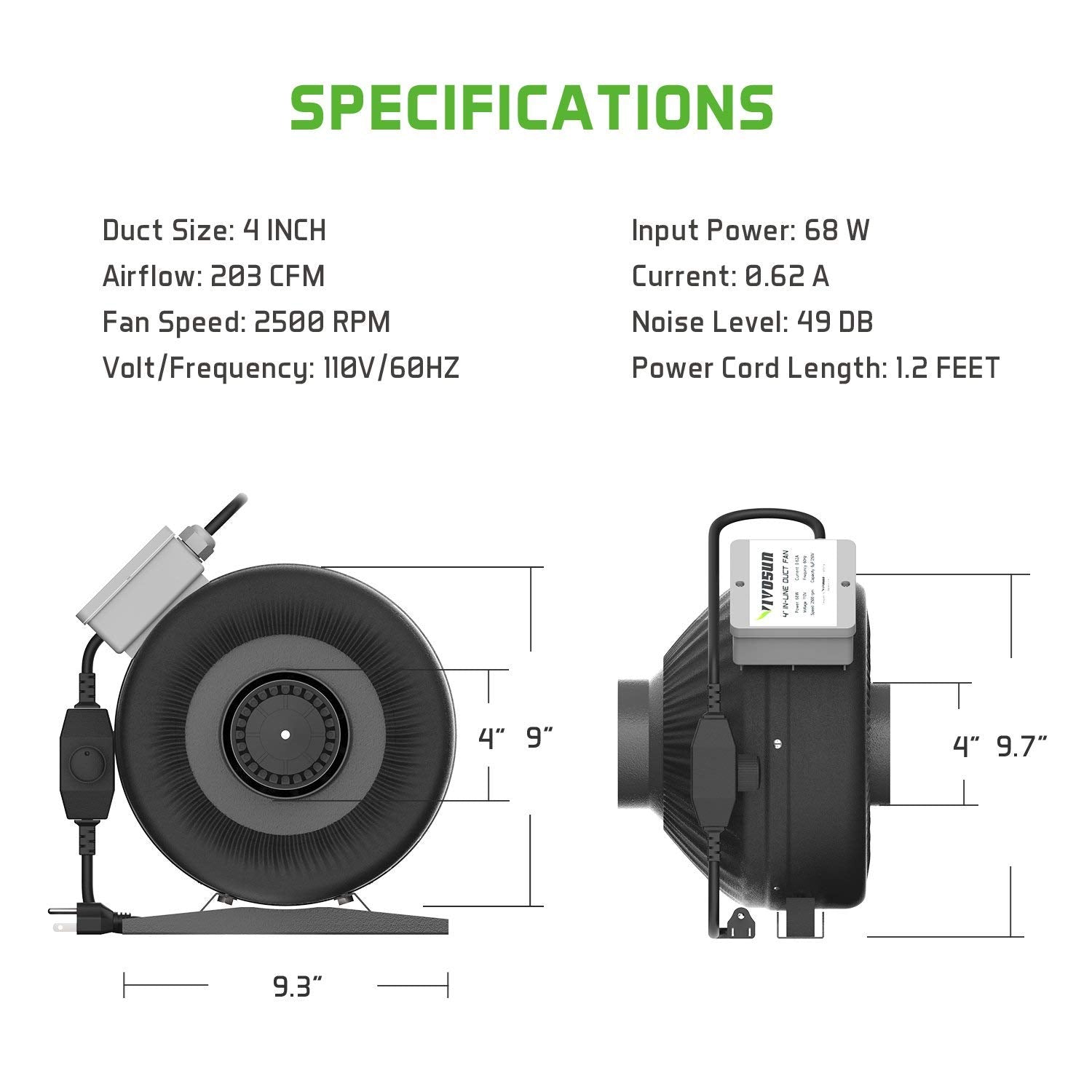 VIVOSUN Air Filtration Kit: 4 Inch 203 CFM Inline Fan with Speed Controller， 4'' Carbon Filter and 8 Feet of Ducting Combo