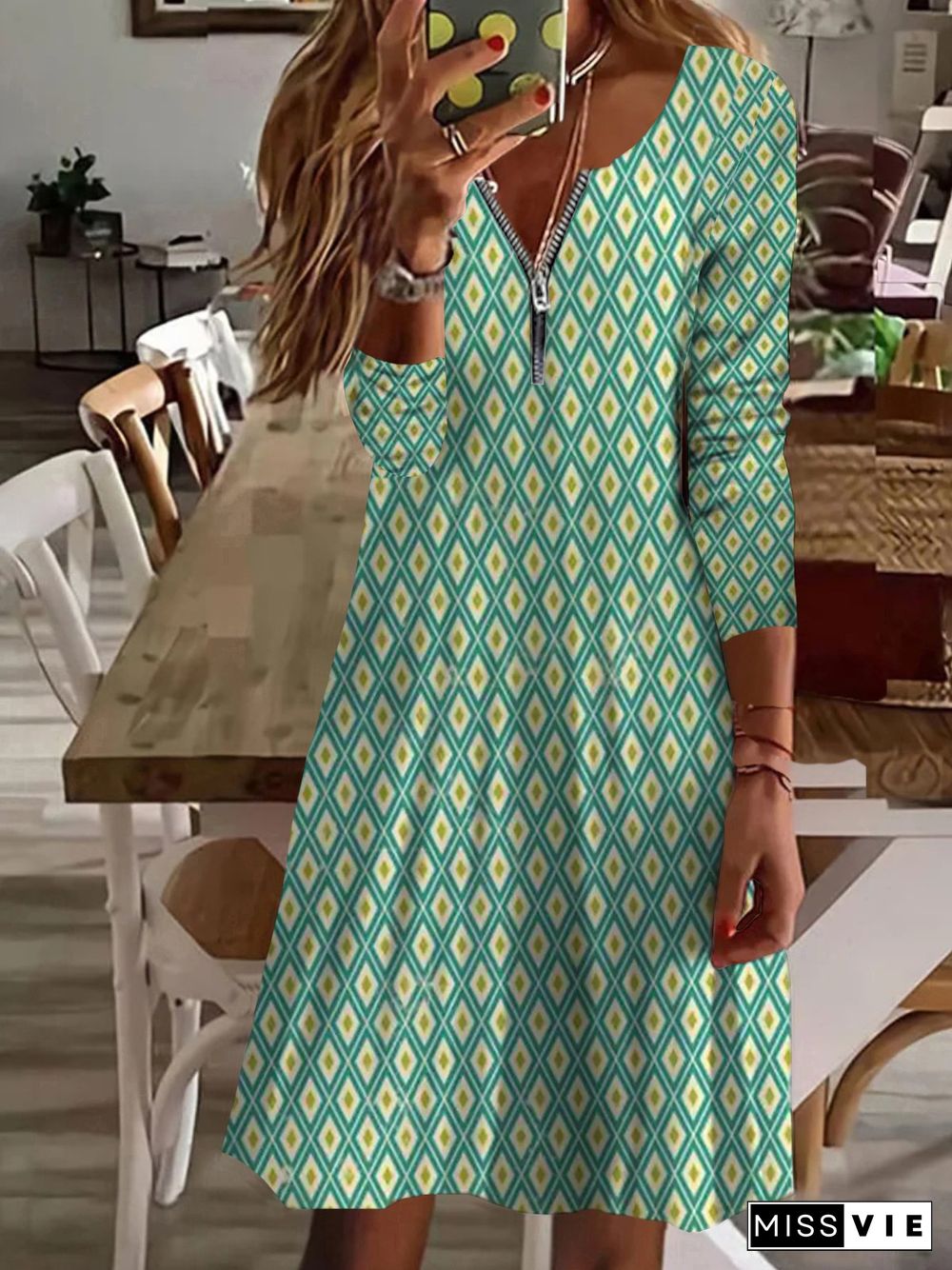 Casual Geometric Long Sleeve V Neck Printed Dress