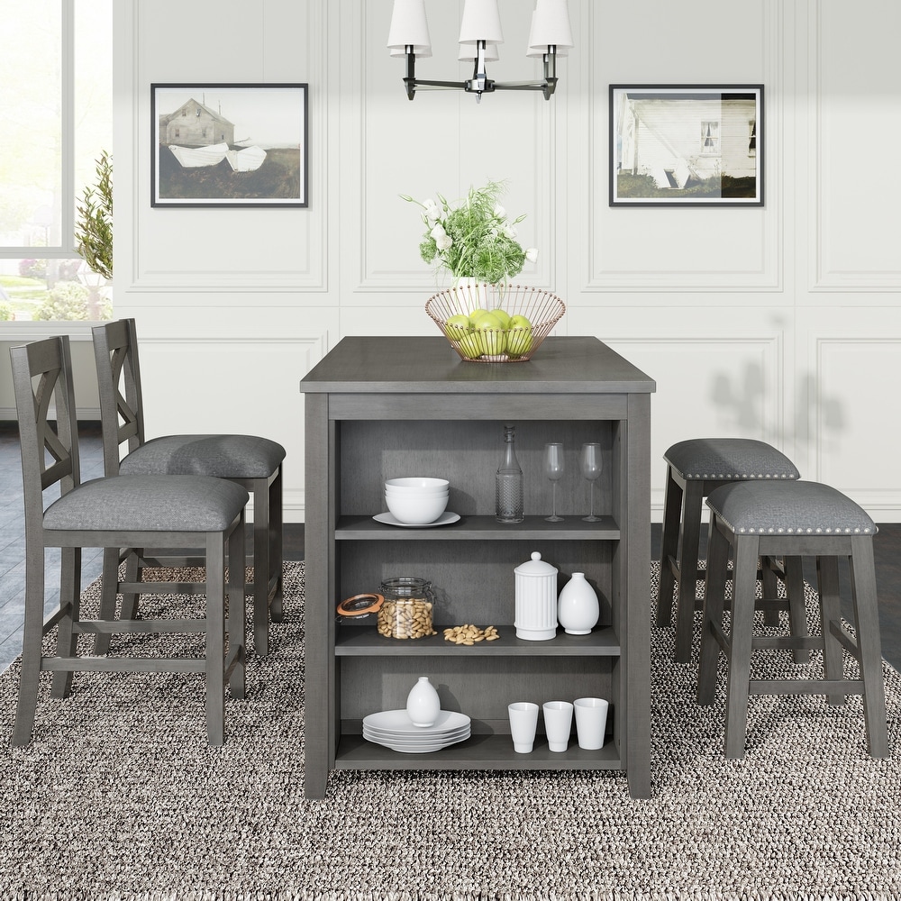 Rustic 5 Pieces Counter Height Dining Table Set Gray Wooden Bar Table Set with 3 Tier Storage Shelf  2 Stools and 2 Chairs