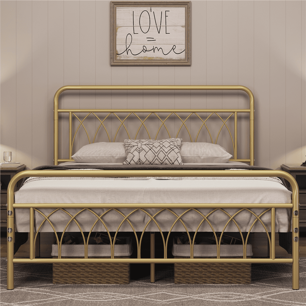 Easyfashion Metal Platform Bed Frame Antique Gold, Queen