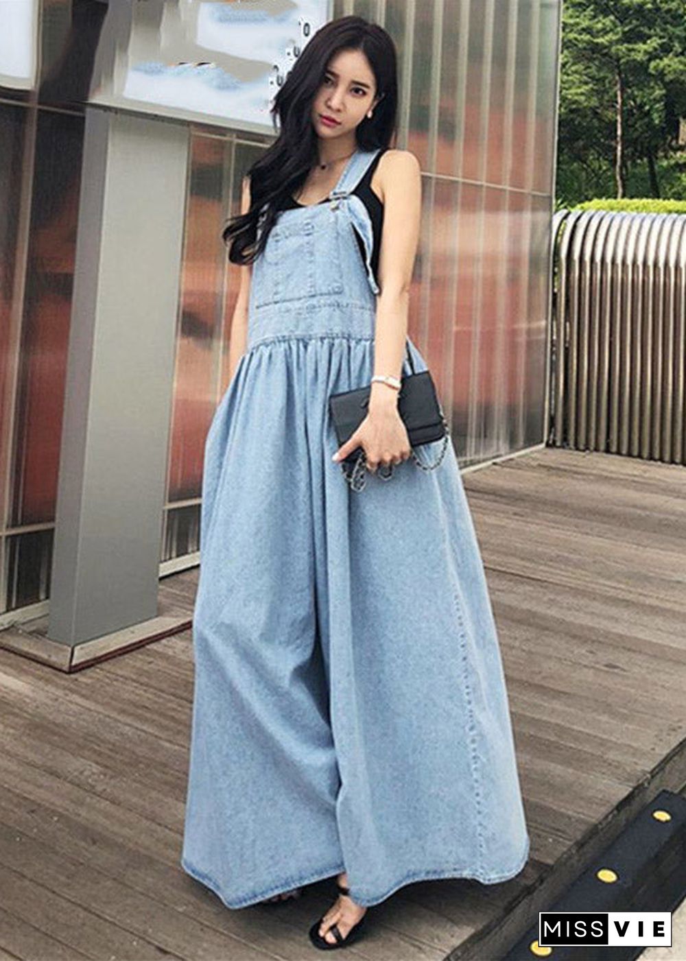 Diy Blue Slash Neck Wrinkled Pockets Denim Dress Sleeveless