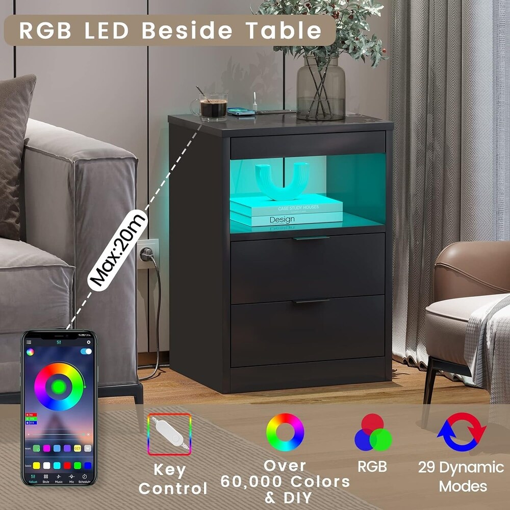 2 Drawers LED Nightstand End Table Wireless Charging Station