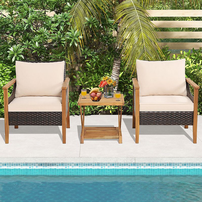 3 Pieces Patio Wicker Furniture Set with 2-Tier Side Table and Cushioned Armchairs-Natural