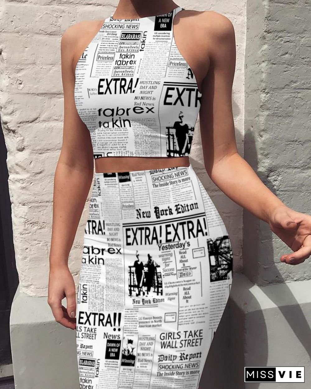 Newspaper Print Top & Midi Skirt Set