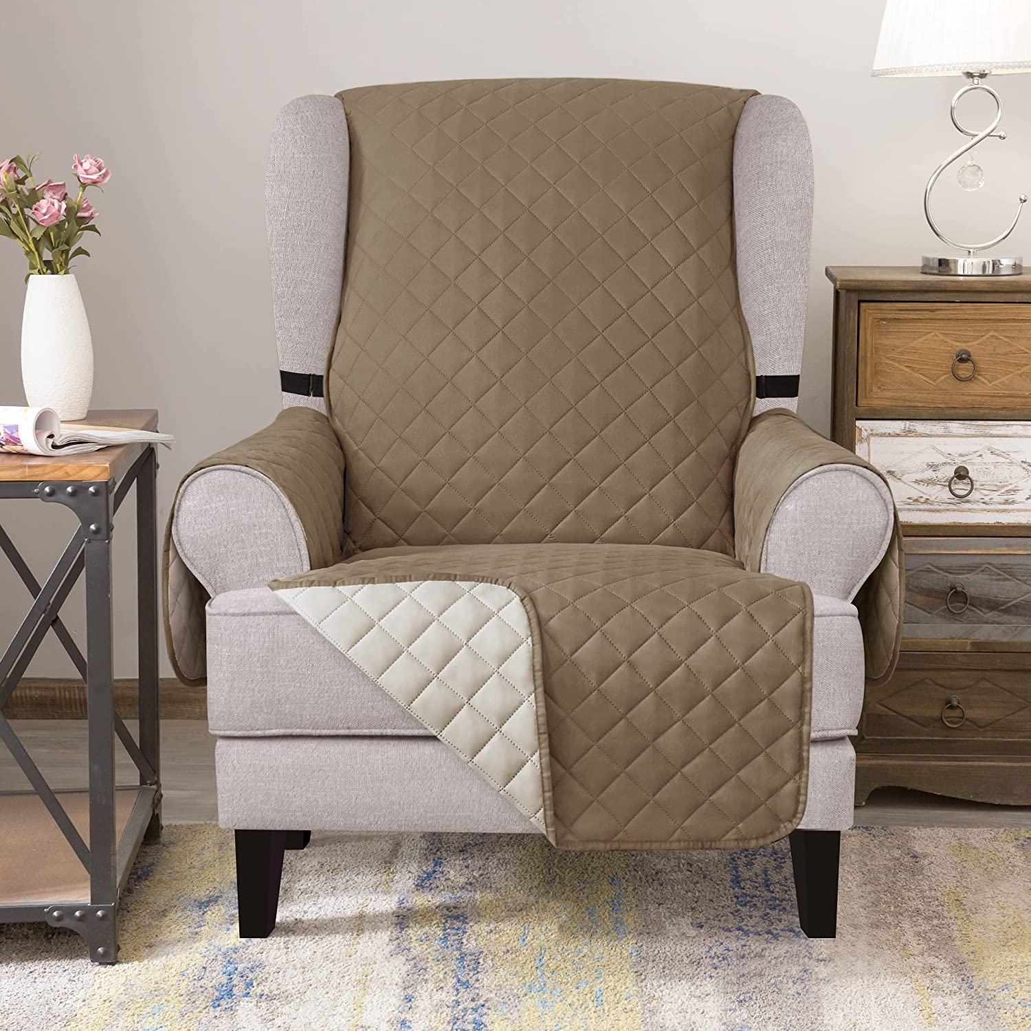 CHUN YI Reversible Wing Chair Slipcovers with Elastic Band and Side Pocket (Khaki)