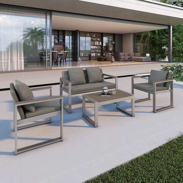 4Piece Aluminum Patio Conversation Set，Garden Outdoor Sofa Seating Group Set with Cushions