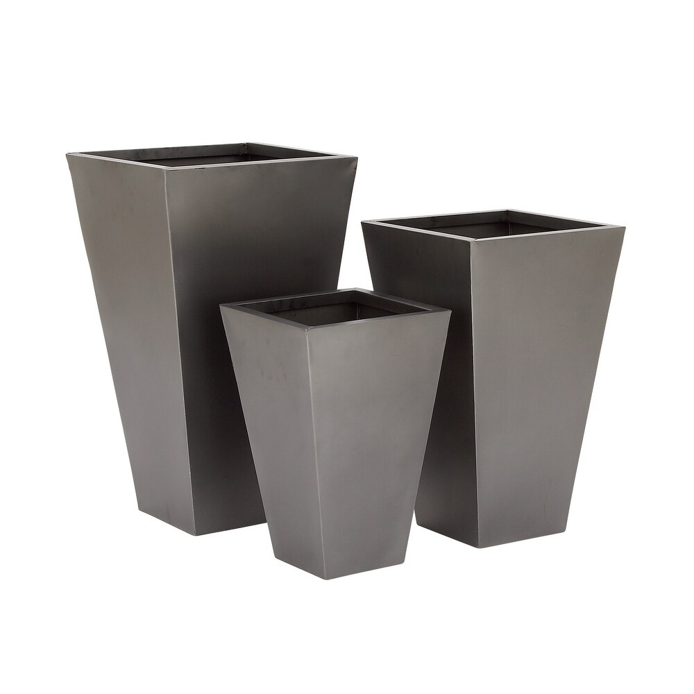 Black  Gray or Silver Metal Contemporary Planter with Tapered Base and Polished Exterior (Set of 3)