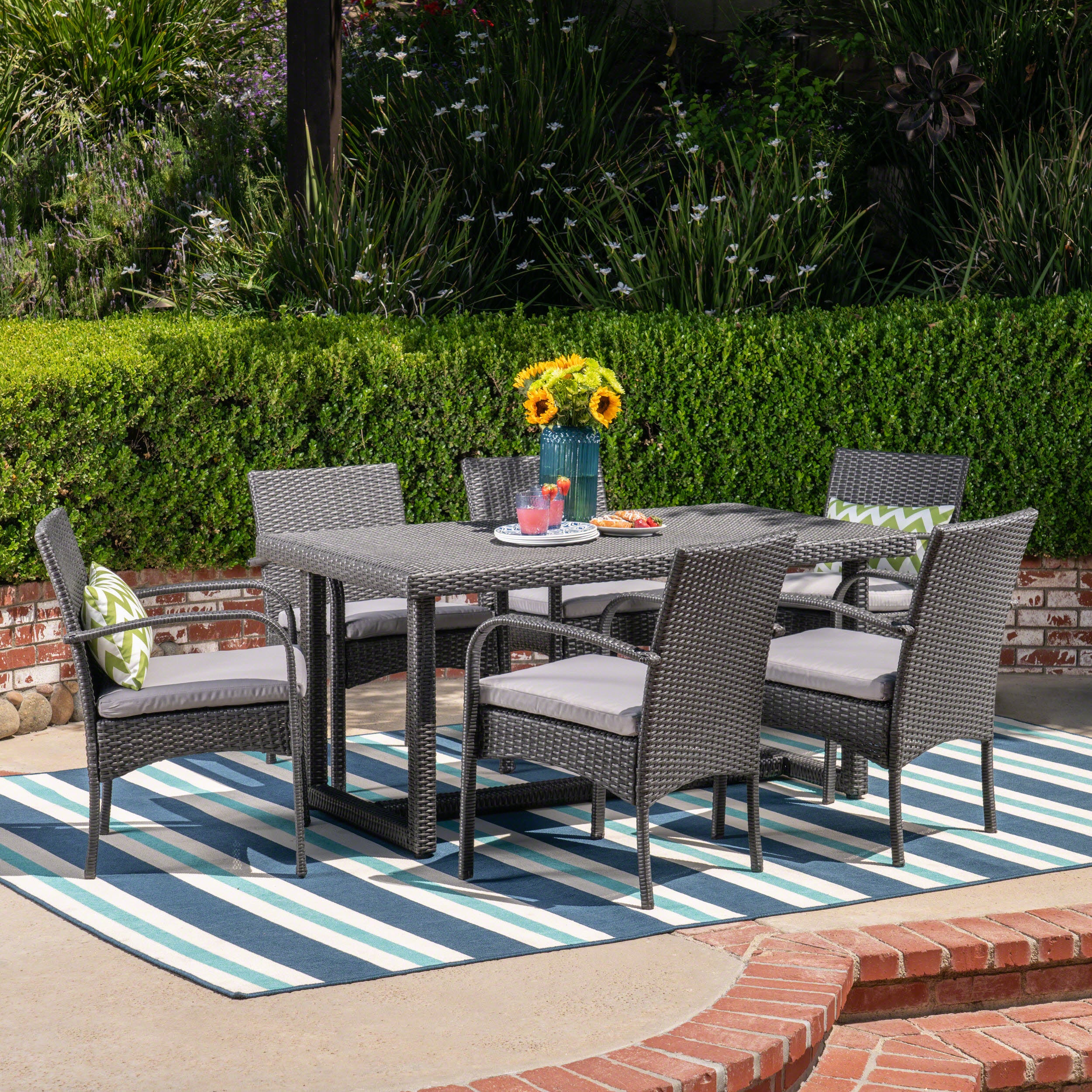 Sophia Outdoor 7 Piece Wicker Dining Set, Grey with Grey Cushions