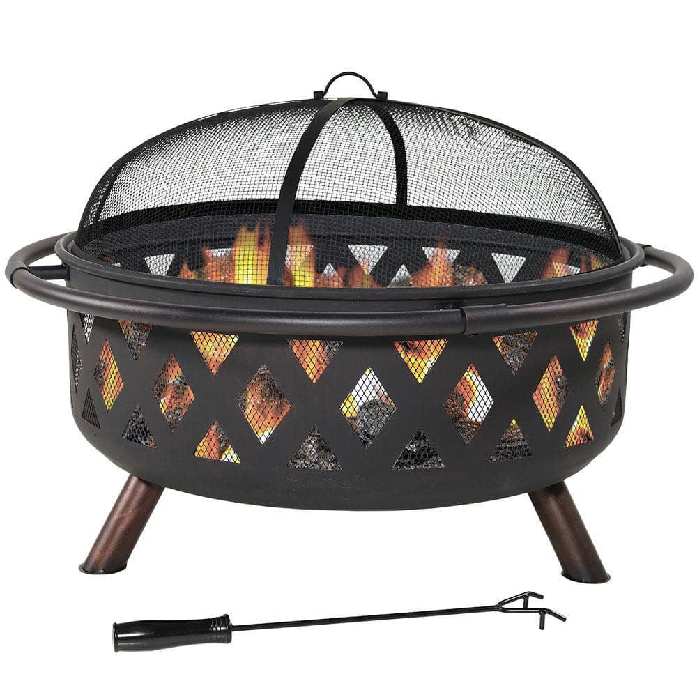 Sunnydaze Decor Black Cross Weave 36 in x 24 in Round Steel Wood Burning Fire Pit with Spark Screen