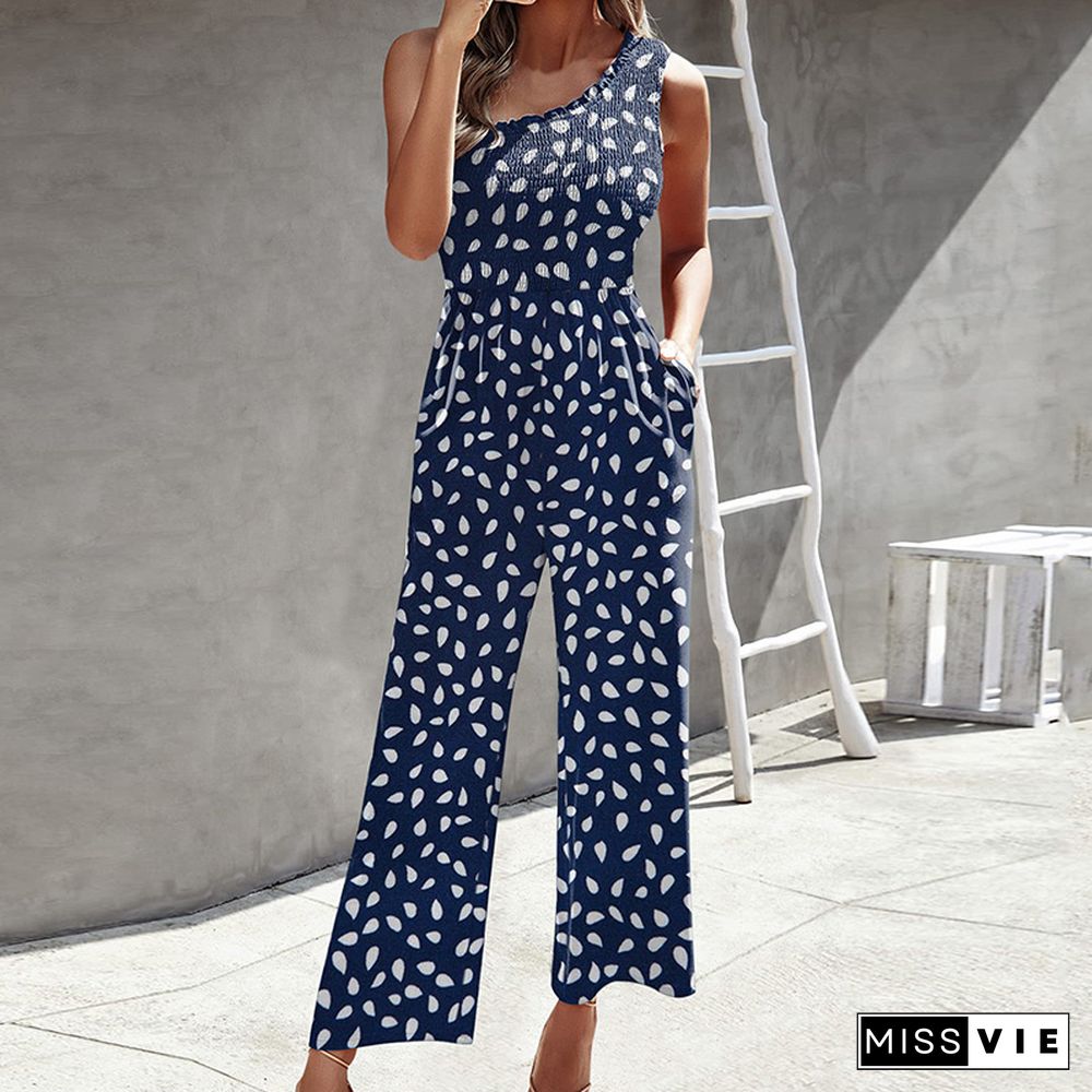 Fashion Commute Wide-Leg Pants Playsuits Ladies Sexy Elastic Slim One-Shoulder Jumpsuits Retro Harajuku Print Pocket Romper