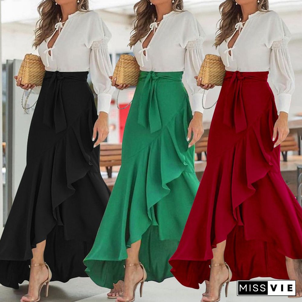 Women Ruffles Hem Mermaid Skirt Maxi Saia Elastic High Waist Asymmetrical Party Elegant Casual Long Skirt Plus Size