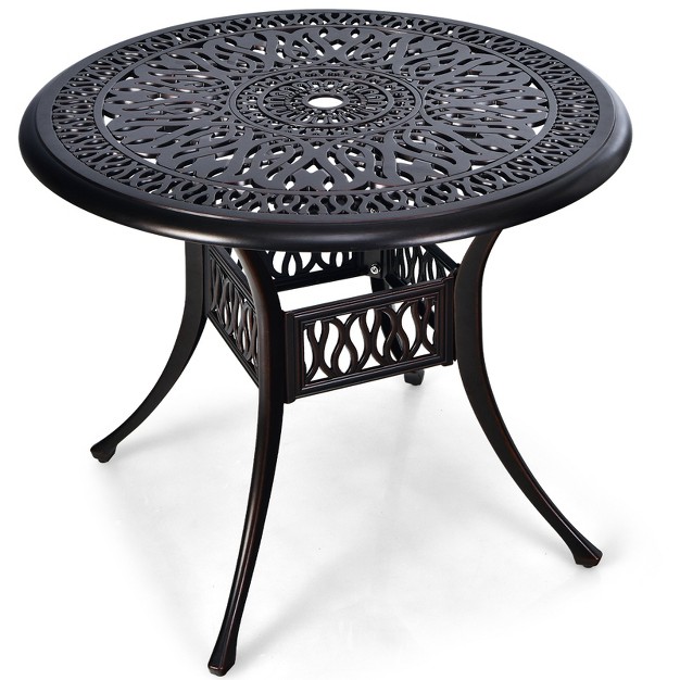 Outdoor Dining Table Round Cast Aluminum Patio Dining Table With Umbrella Hole And Adjustable Non slip Foot Pads